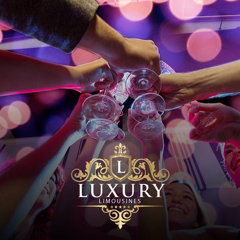 Overhead view of group toasting wine glasses under purple Las Vegas nightclub lights limo service